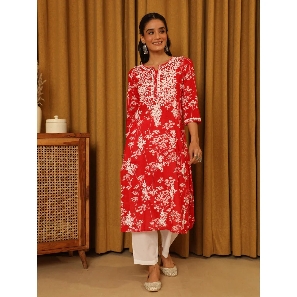 House of Chikankari Red Women's Chikankari Cotton Mulmul Kurta - Image 6