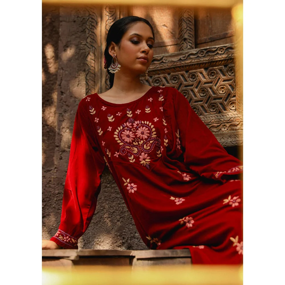 House of Chikankari Rumi Chikankari Velvet Maroon Straight Kurta with Palazzo (Set of 2) - Image 4