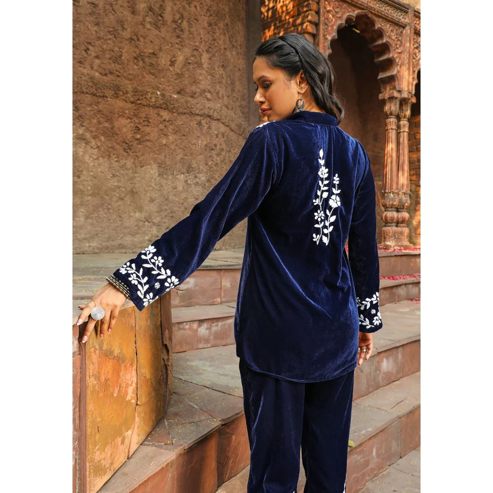 House of Chikankari Rumi Chikankari Velvet Navy Blue Straight Shirt with Pant (Set of 2) - Image 4