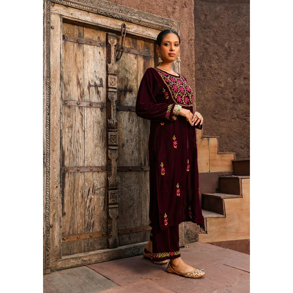 House of Chikankari Rumi Chikankari Velvet Purple Straight Kurta with Palazzo (Set of 2) - Image 2
