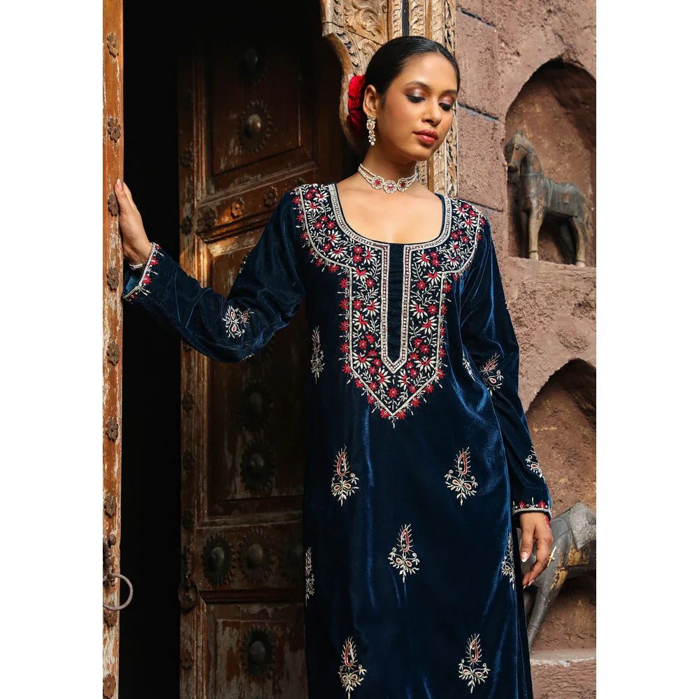 House of Chikankari Rumi Embroidered Velvet Blue Straight Kurta with Palazzo (Set of 2) - Image 2
