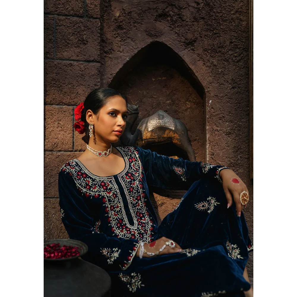 House of Chikankari Rumi Embroidered Velvet Blue Straight Kurta with Palazzo (Set of 2) - Image 6