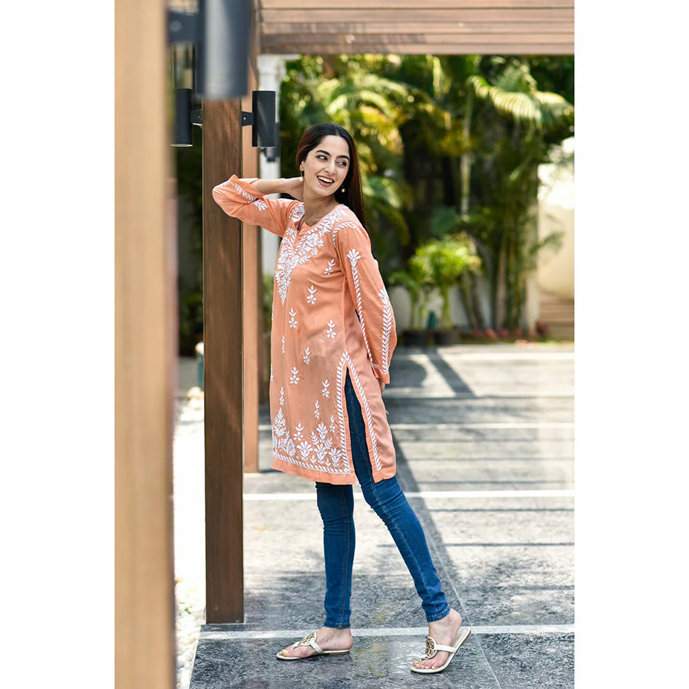 House of Chikankari Sara Chikankari Orange Modal Straight Short Kurta - Image 2