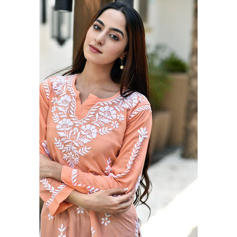 House of Chikankari Sara Chikankari Orange Modal Straight Short Kurta - Image 3