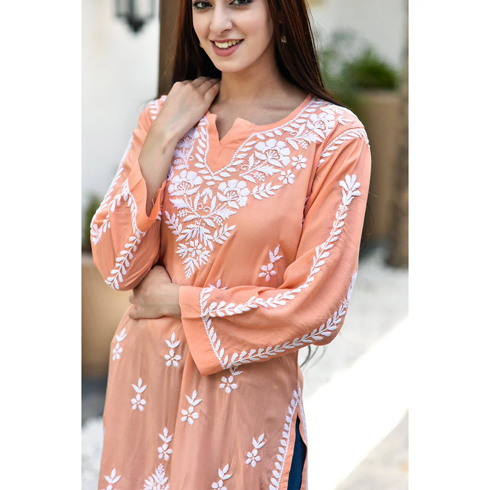 House of Chikankari Sara Chikankari Orange Modal Straight Short Kurta - Image 6