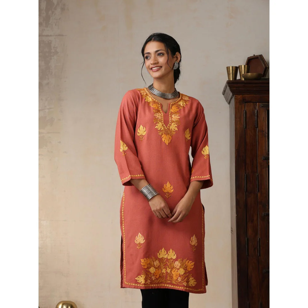 House of Chikankari Threadwork Embroidered Woollen Solid Long Kurta Coral - Image 5