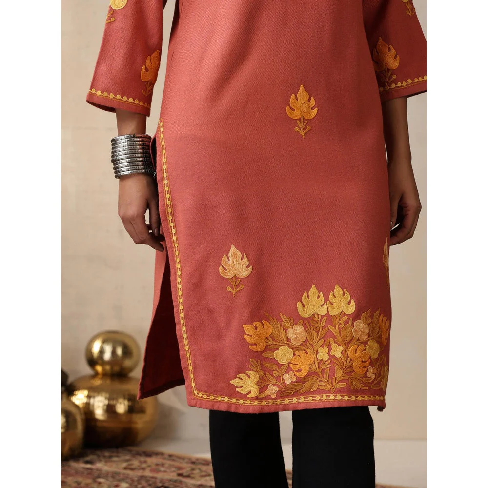 House of Chikankari Threadwork Embroidered Woollen Solid Long Kurta Coral - Image 8