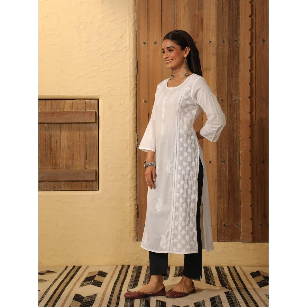 House of Chikankari White Cambric Women's Long Kurta with Lace - Image 3
