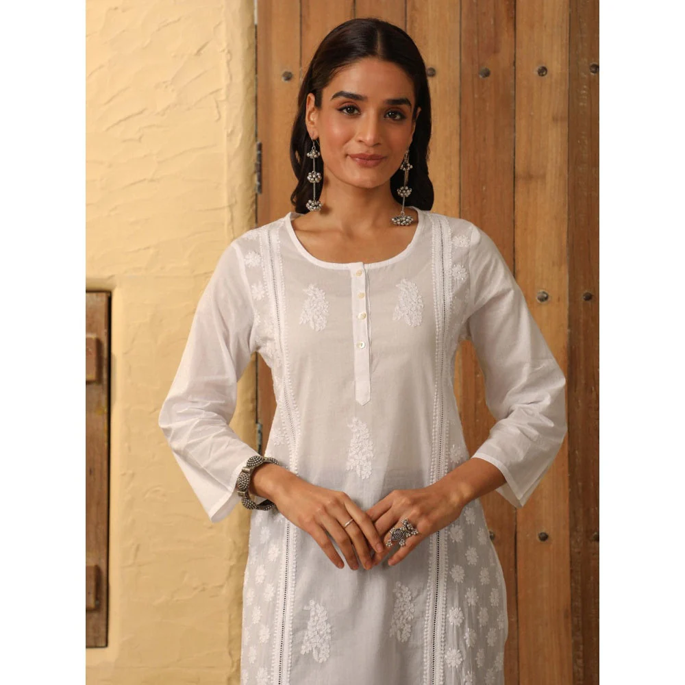 House of Chikankari White Cambric Women's Long Kurta with Lace - Image 4