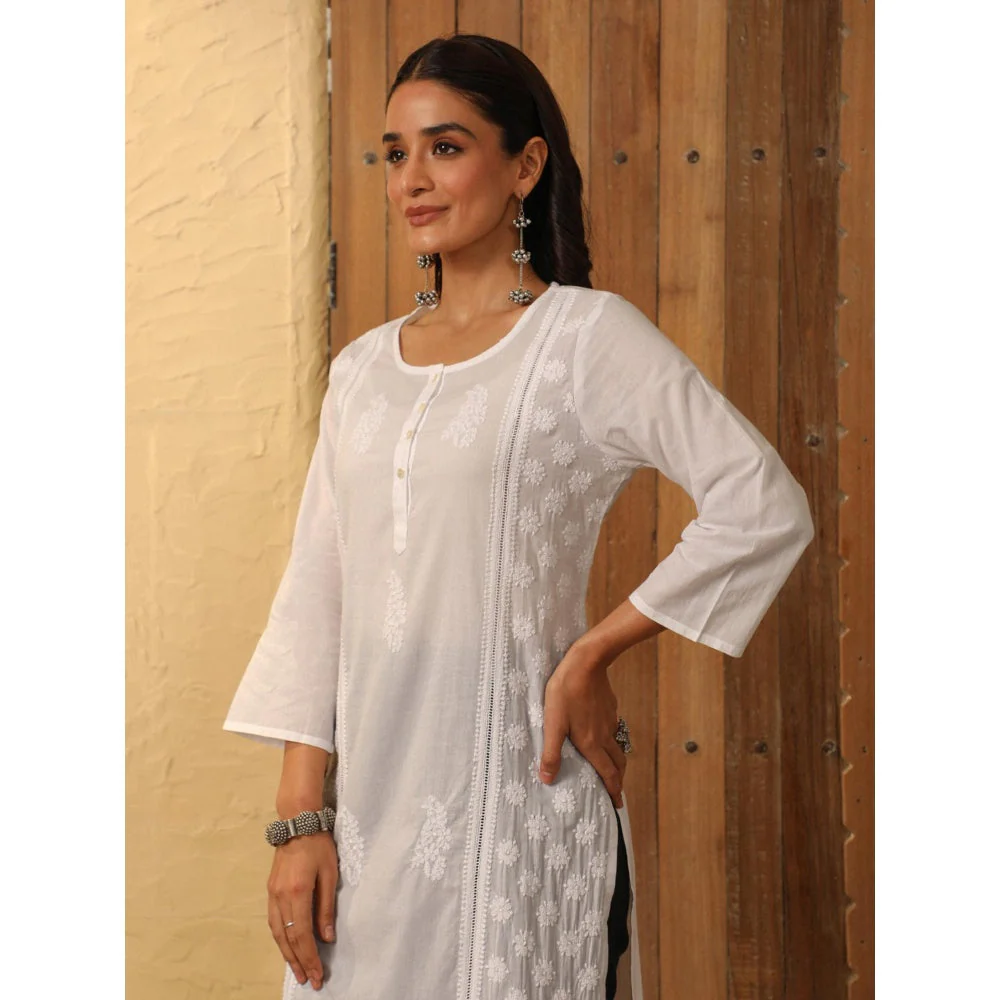 House of Chikankari White Cambric Women's Long Kurta with Lace - Image 5