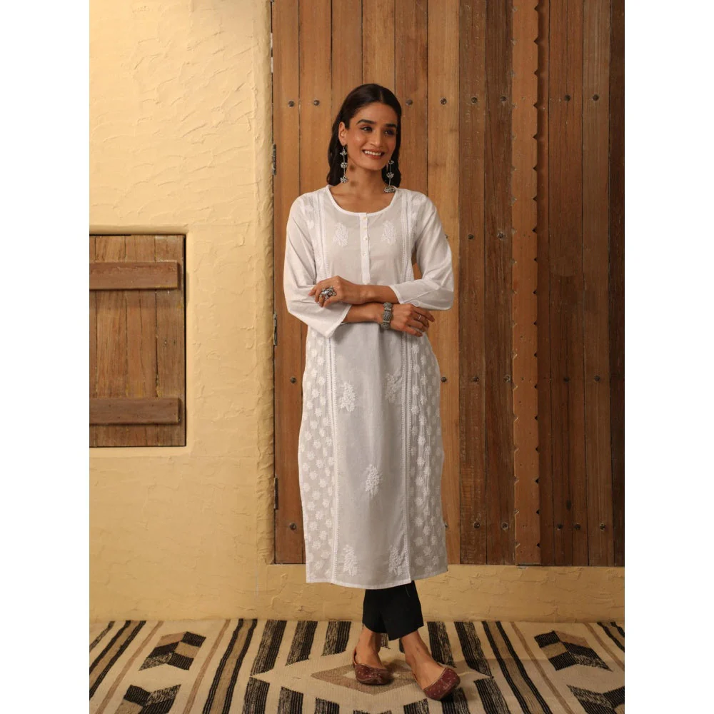 House of Chikankari White Cambric Women's Long Kurta with Lace - Image 6