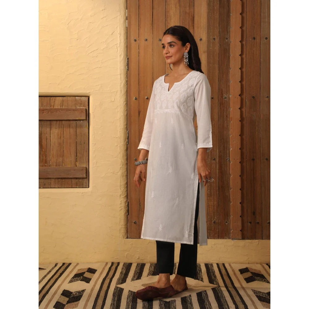House of Chikankari White Cambric Women's Long Kurta with Lace - Image 3