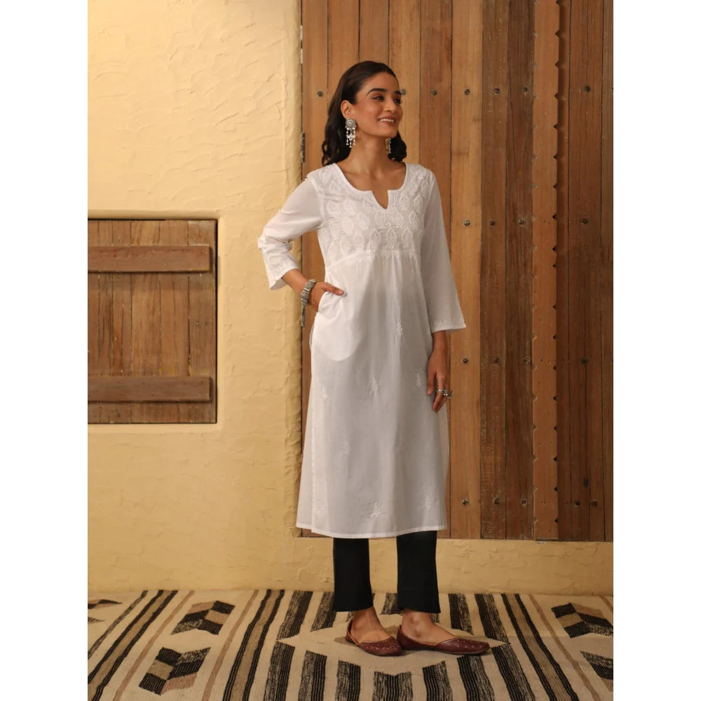House of Chikankari White Cambric Women's Long Kurta with Lace - Image 6