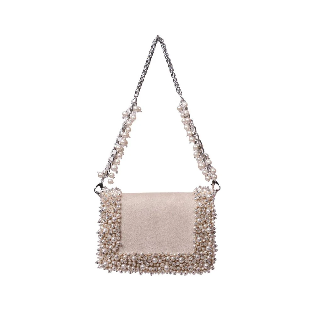 House Of Kosha Aliya Ivory Suede Pearl Embellished Clutch with Detachable Strap - Image 2