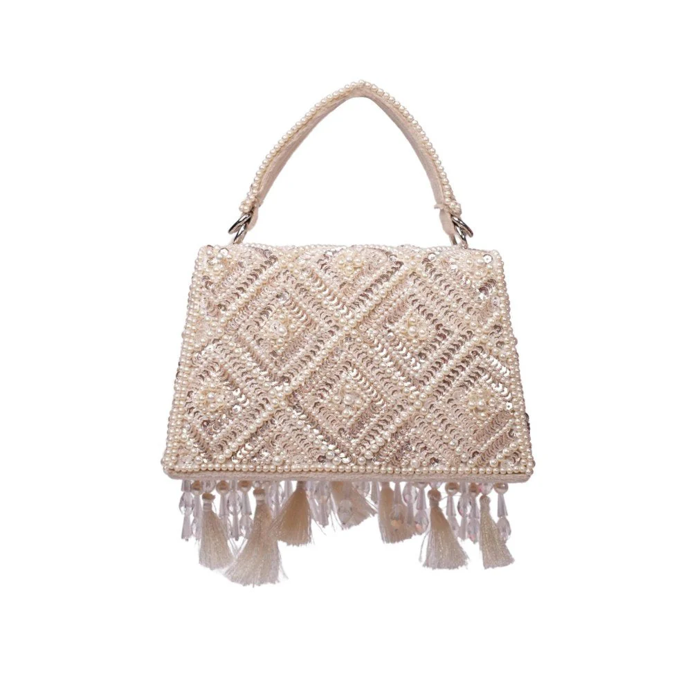 House Of Kosha Elara Ivory Suede Embellished Clutch with Detachable Sling Chain - Image 2