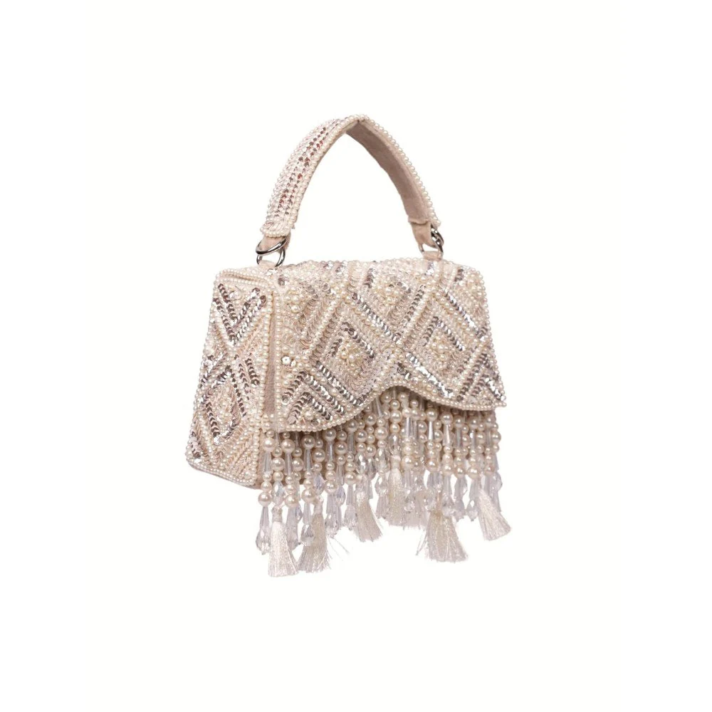 House Of Kosha Elara Ivory Suede Embellished Clutch with Detachable Sling Chain - Image 4