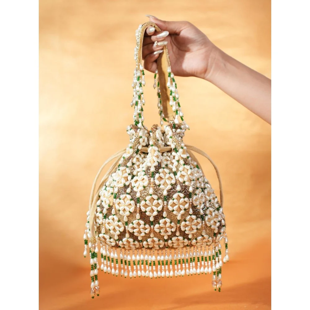 House Of Kosha Falak Gold Suede Embellished Potli with Detachable Strap - Image 2