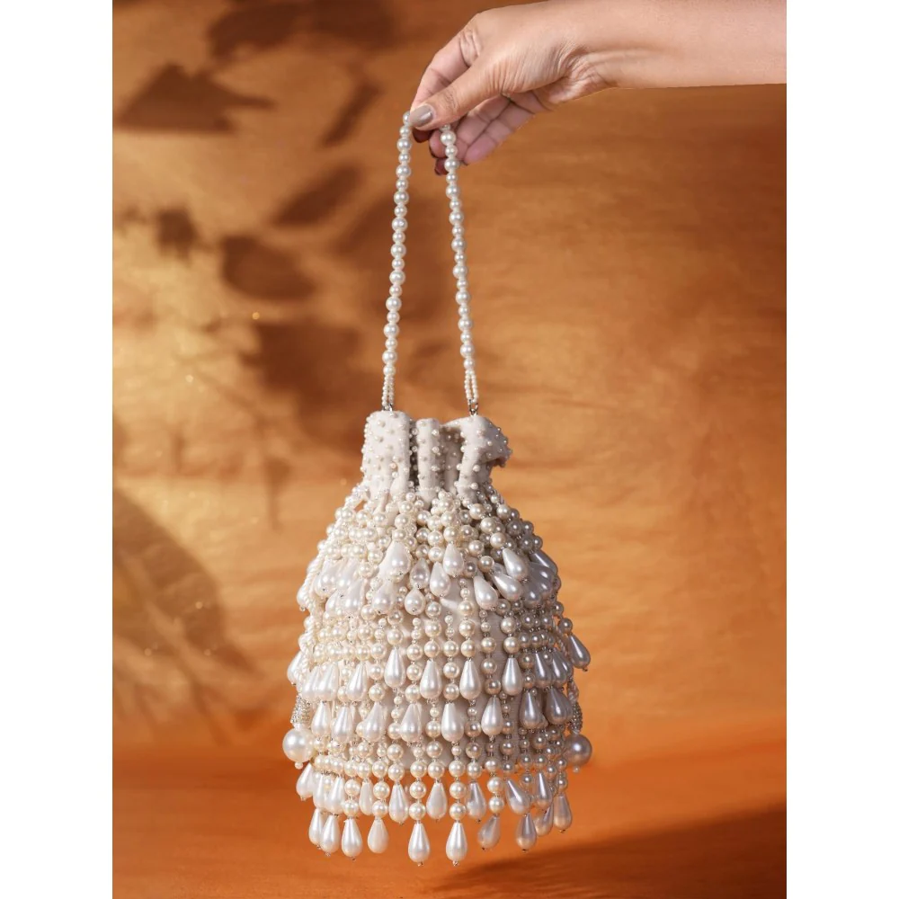 House Of Kosha Zarah Ivory Pearl Suede Potli with Detachable Strap - Image 2