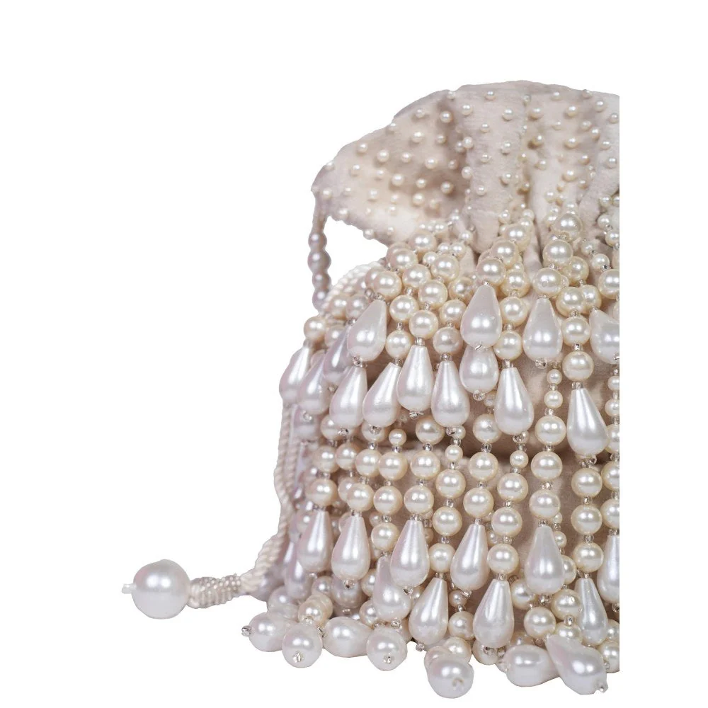 House Of Kosha Zarah Ivory Pearl Suede Potli with Detachable Strap - Image 3