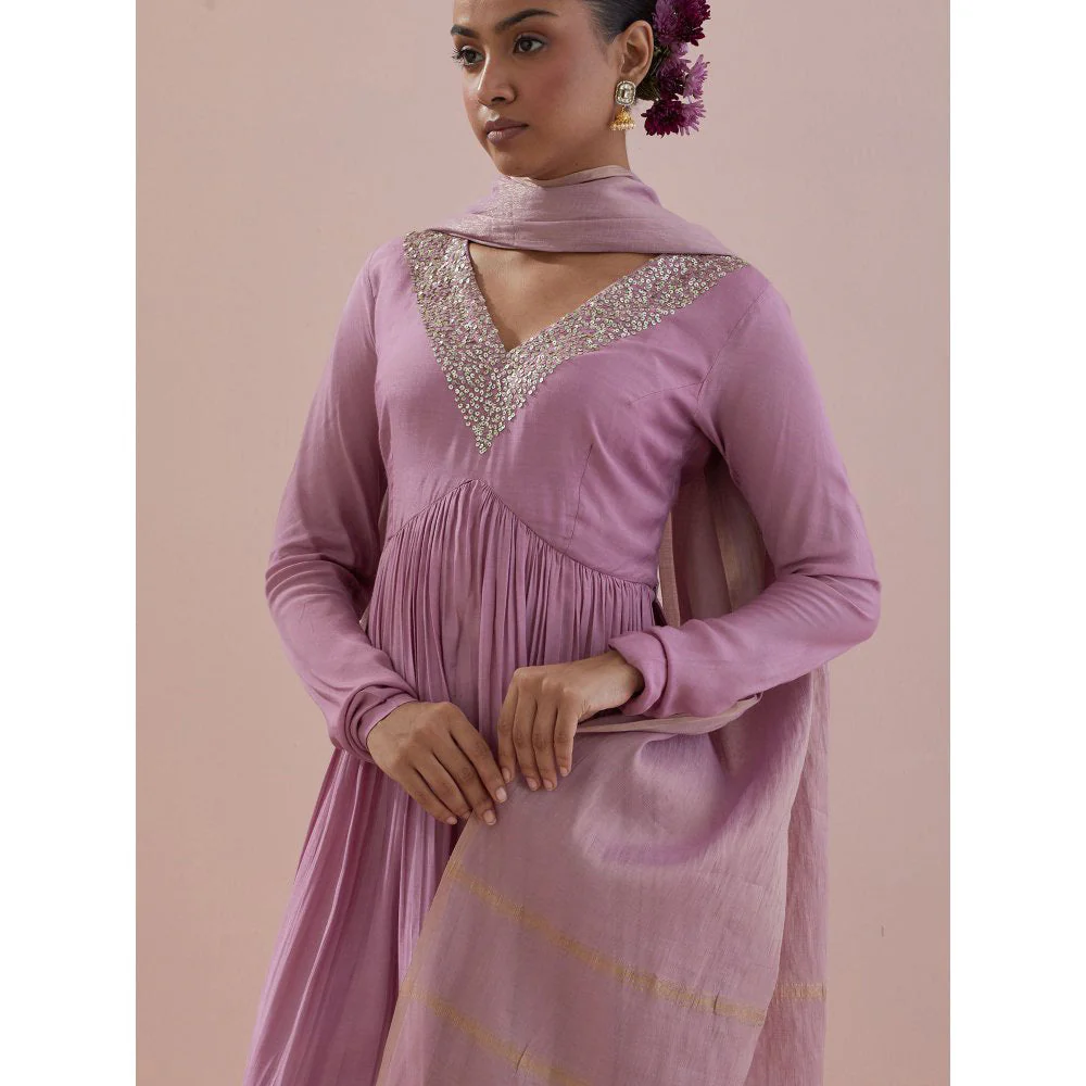 Ikshita Choudhary Lavender Embellished Anarkali Kurta with Pant and Dupatta (Set of 3) - Image 2