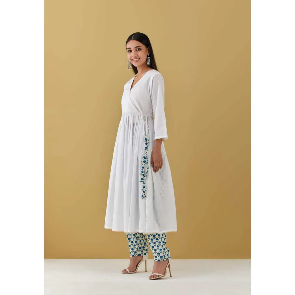 Ikshita Choudhary White Angarkha with Blue Block Printed Pants (Set of 2) - Image 3