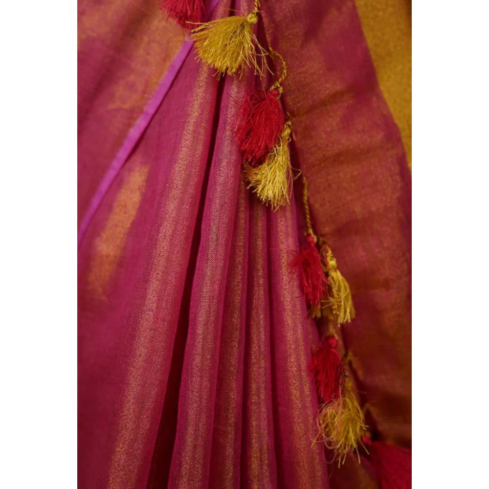 Isadora Life Womens Woven Tassels Pink Pre-Draped Saree With Unstitched Blouse - Image 6