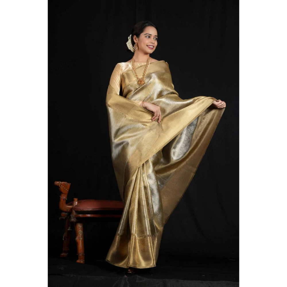 Isadora Life Womens Woven Zari Gold Pre-Draped Saree With Unstitched Blouse - Image 6