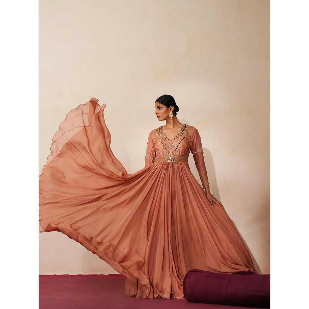 ISHA GUPTA TAYAL Peach Chandbaali Anarkali and Dupatta Set - Image 2