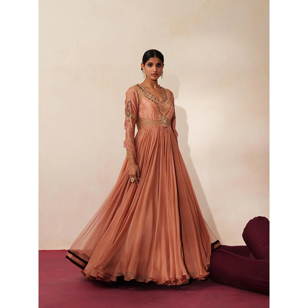 ISHA GUPTA TAYAL Peach Chandbaali Anarkali and Dupatta Set - Image 3