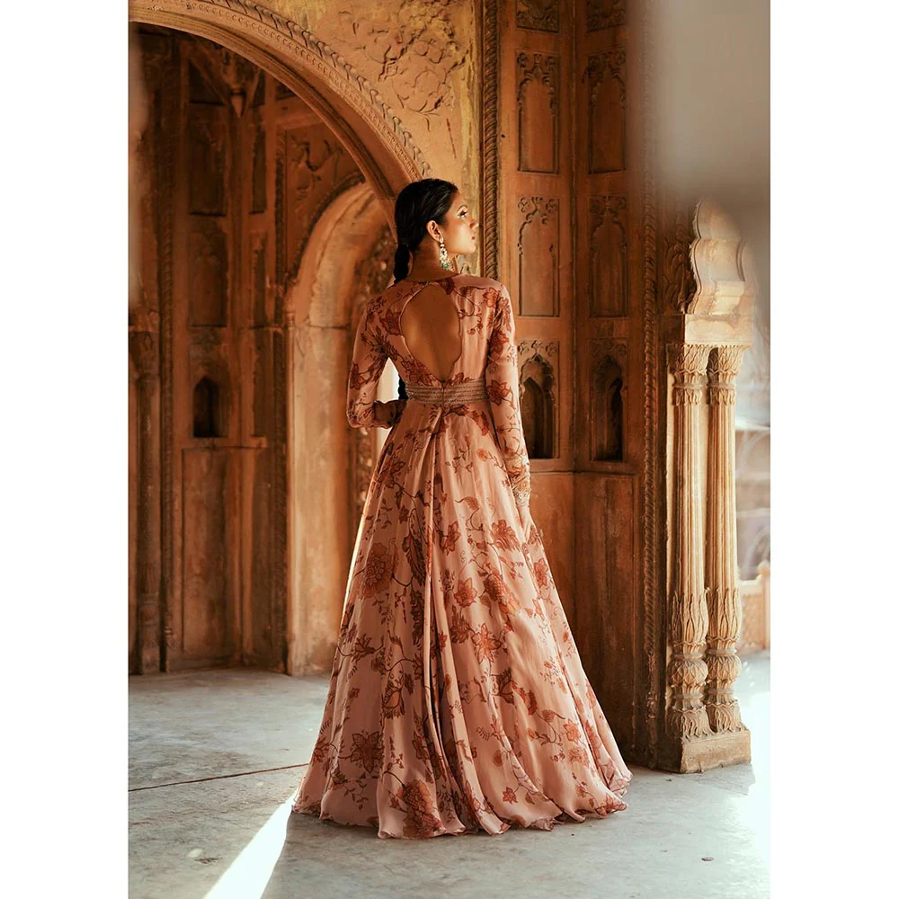 ISHA GUPTA TAYAL Peach Saaz Anarkali Gown and Dupatta with Belt - Image 4