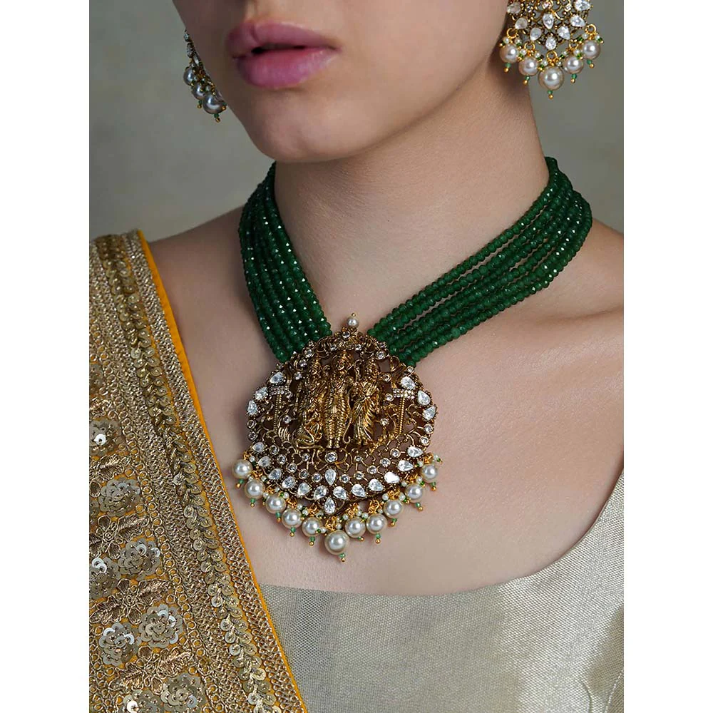 Joules By Radhika Green Emerald Dome Temple Necklace with Earrings - Image 2