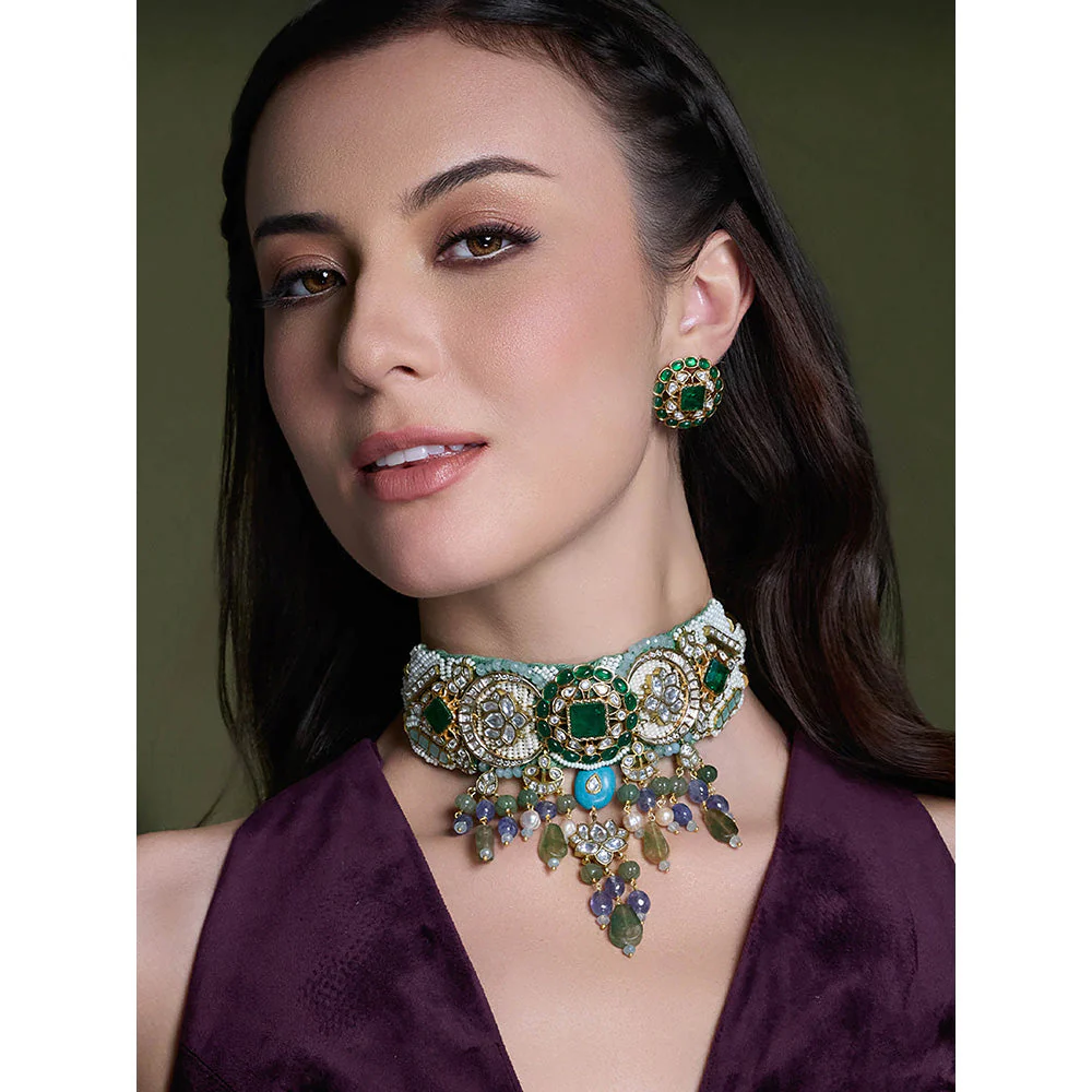 Joules By Radhika Multi-Color Saanvi Kundan Choker with Earrings - Image 2