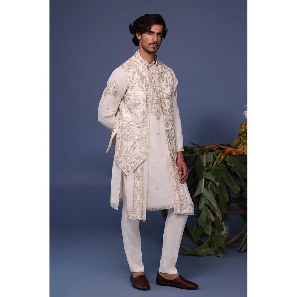 KALPRAAG Ivory Viscose Embroidered Kurta Jacket Set - Image 5