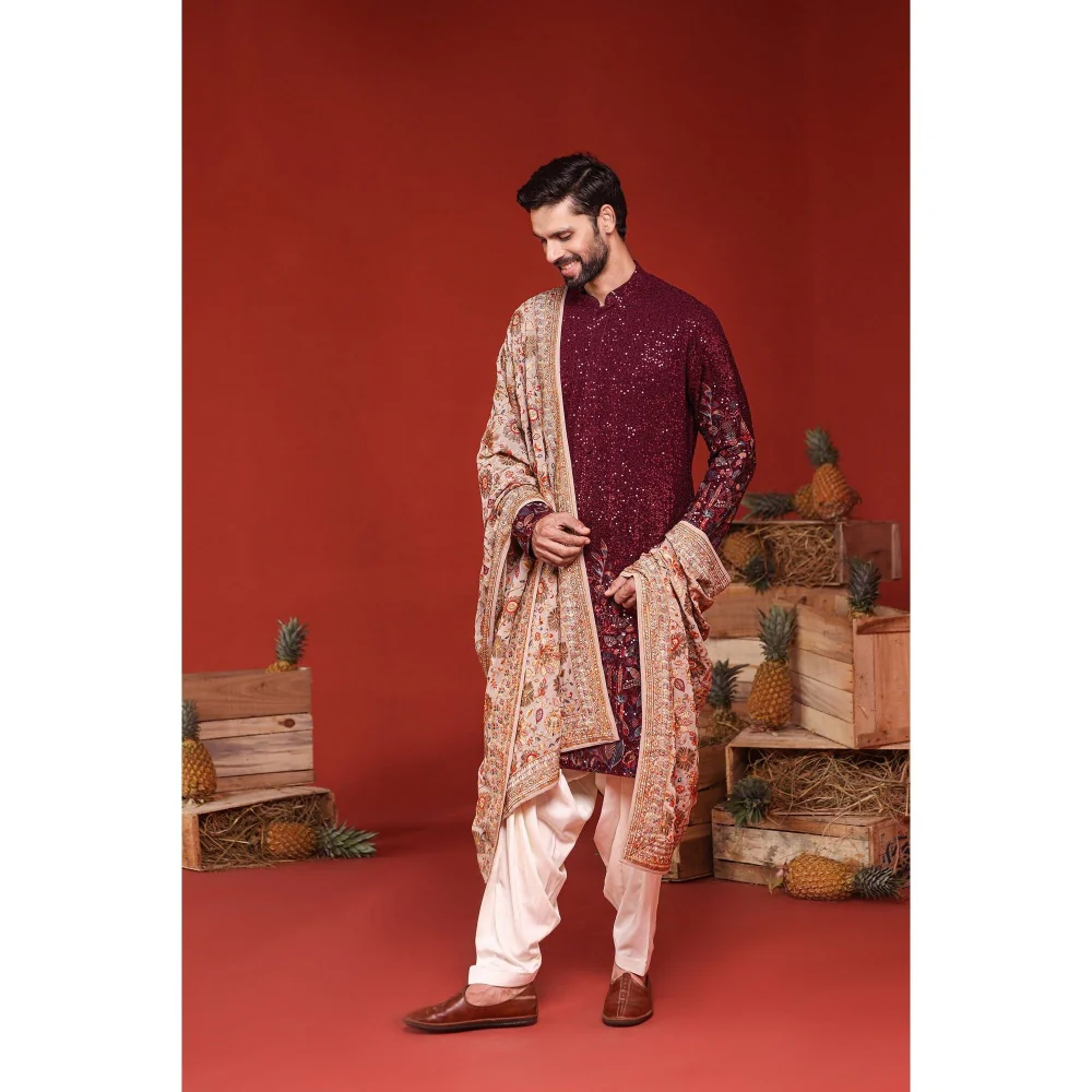 KALPRAAG Kush Wine Kurta with Patiala Pant and Dupatta - Image 2