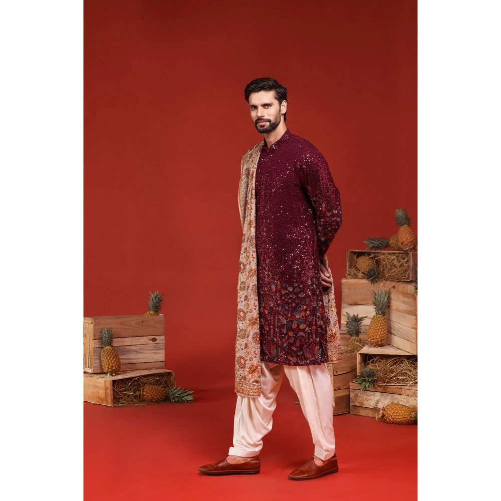 KALPRAAG Kush Wine Kurta with Patiala Pant and Dupatta - Image 7
