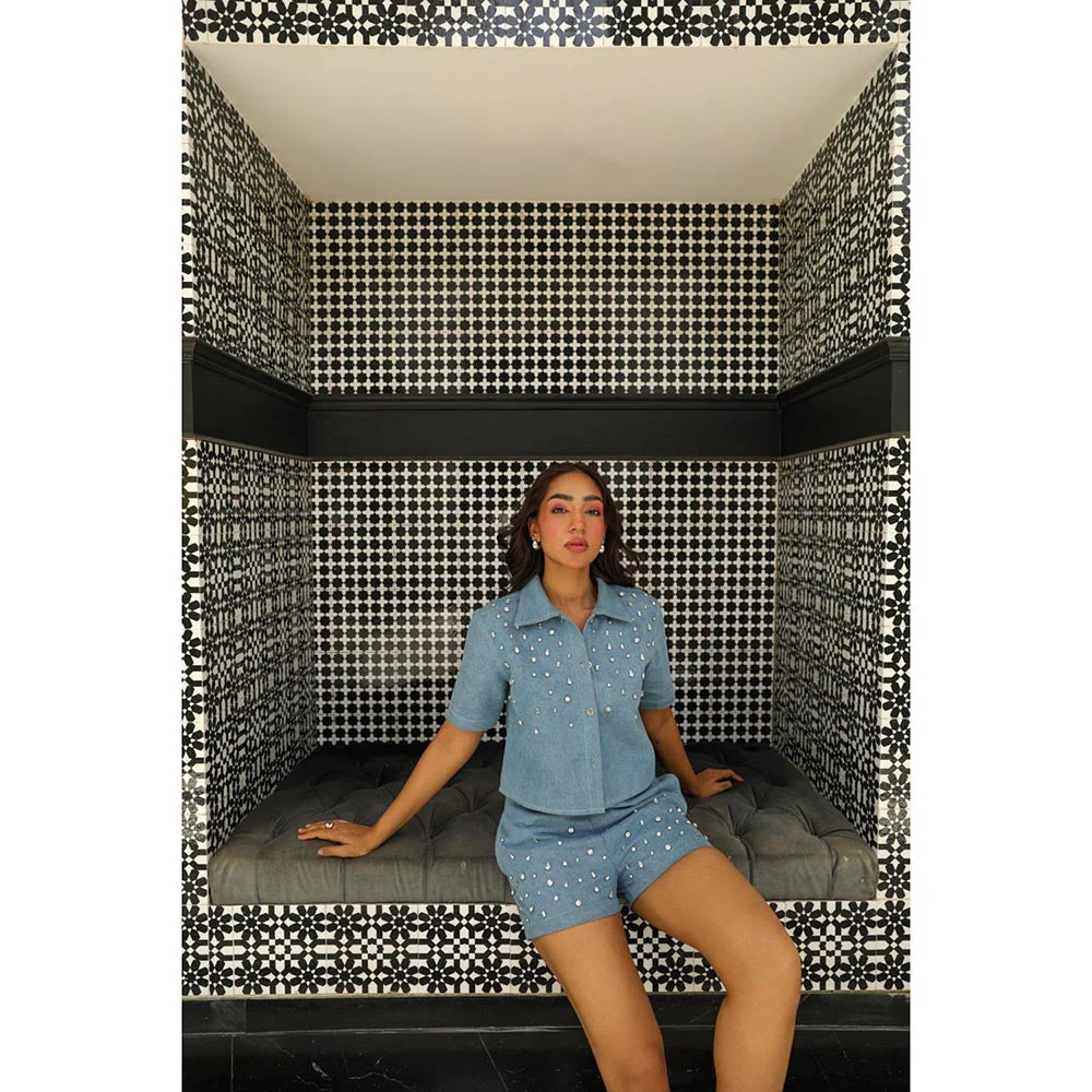 Kay Kay BY KKHUSHI SAHAII Blue Rue Embellished Denim Shirt And Short - Image 3