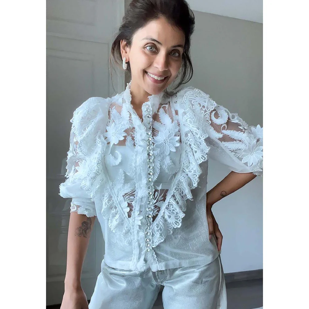 Kay Kay BY KKHUSHI SAHAII Off White 3D Lace Flower Shirt Style Top - Image 2