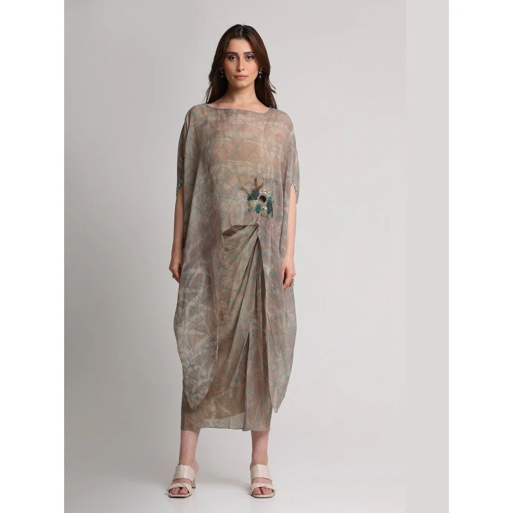 KOSWI Women Beige Viscose Embellished Kaftan with Skirt