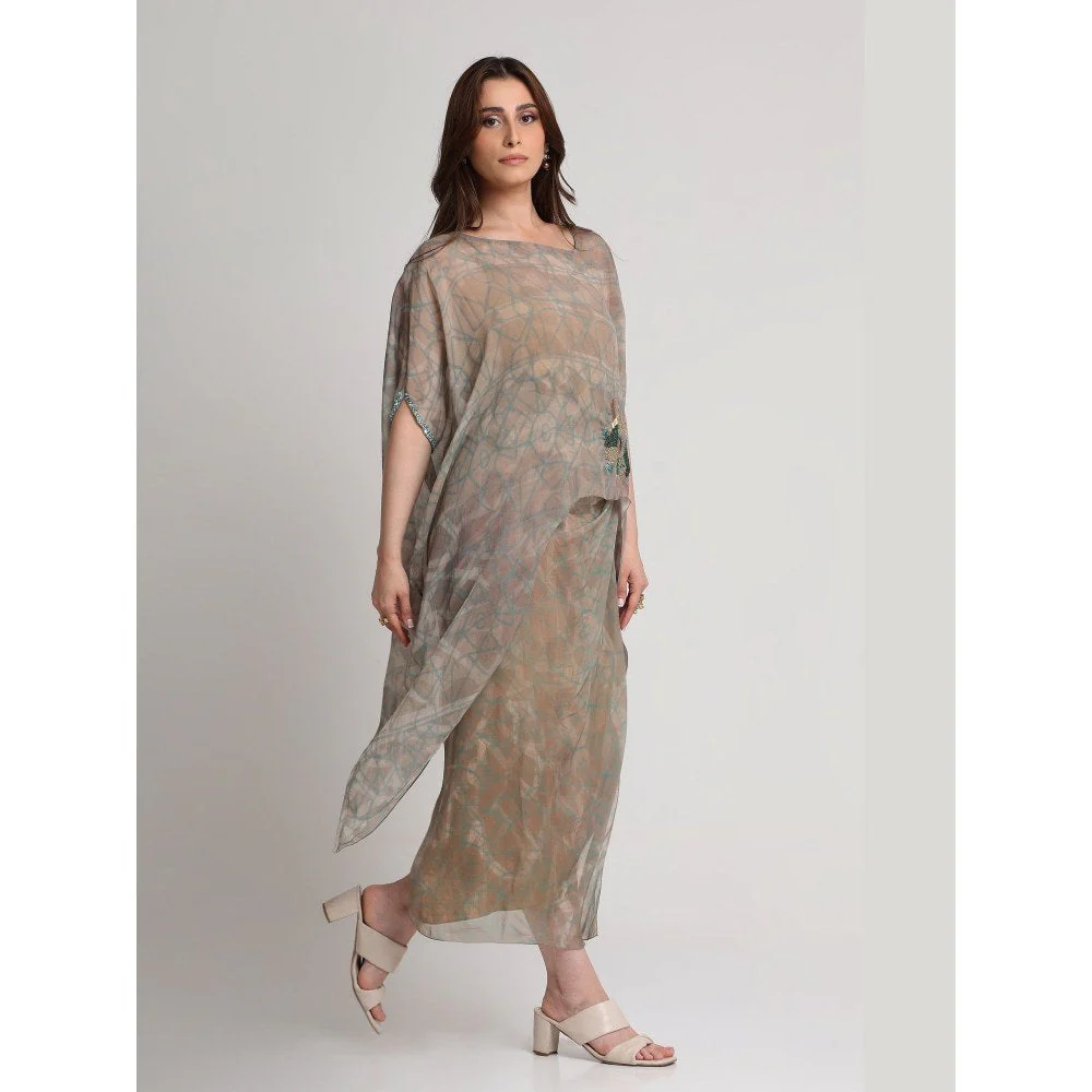 KOSWI Women Beige Viscose Embellished Kaftan with Skirt - Image 2