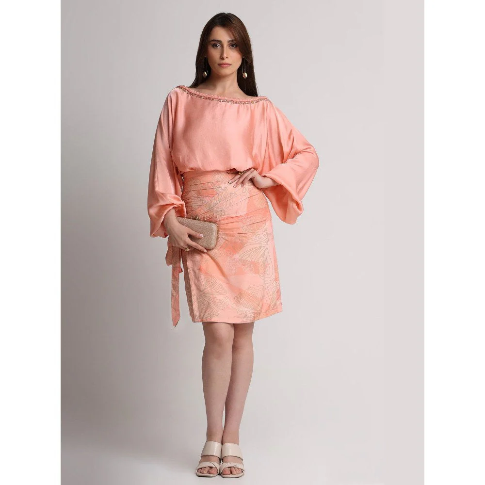KOSWI Women Peach Viscose Embellished Top with Skirt