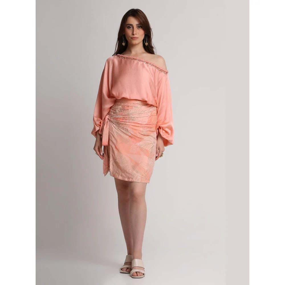 KOSWI Women Peach Viscose Embellished Top with Skirt - Image 2