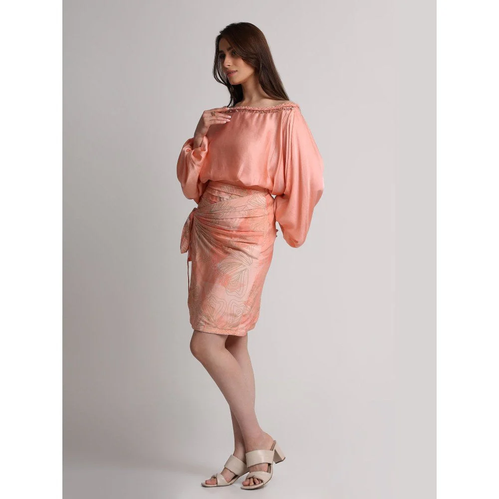 KOSWI Women Peach Viscose Embellished Top with Skirt - Image 3