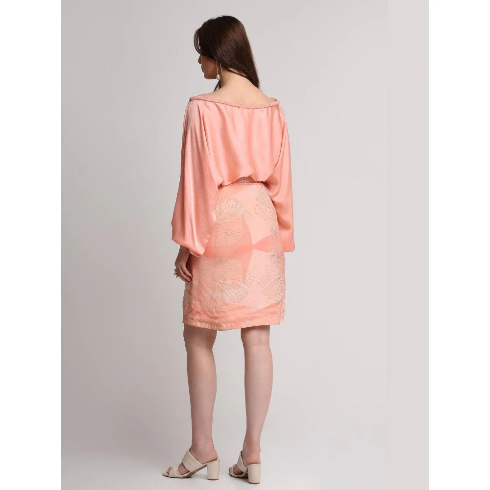 KOSWI Women Peach Viscose Embellished Top with Skirt - Image 4