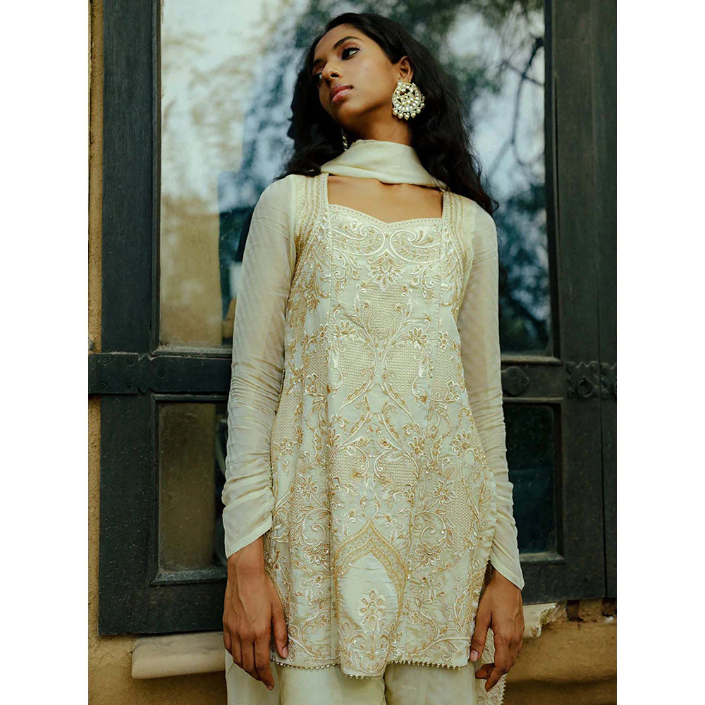 LABEL NAARITI Aalia Embroidered Gold Tunic with Sharara and Dupatta - Image 4