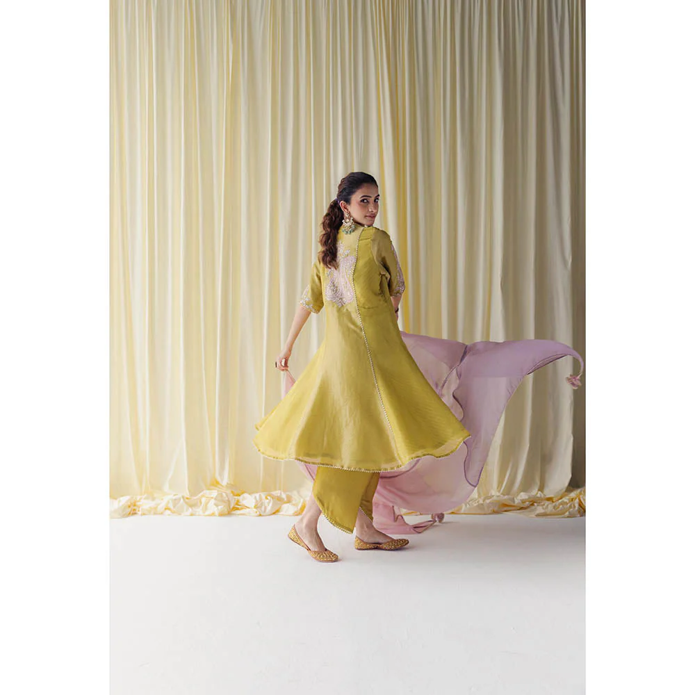 LABEL NAARITI Ahana Yellow Anarkali Kurta with Palazzo and Dupatta (Set of 3) - Image 2