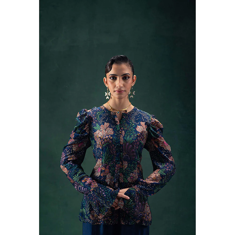 LABEL NAARITI Arya Navy Blue Blouse with Jacket and Sharara (Set of 3) - Image 3