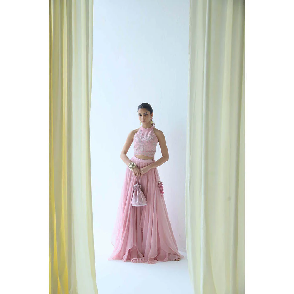 LABEL NAARITI Pink Embroidered Amara Crop Top with Lehenga (Set of 2)