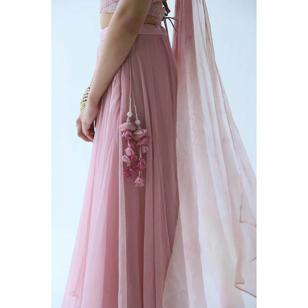 LABEL NAARITI Pink Embroidered Amara Crop Top with Lehenga (Set of 2) - Image 4