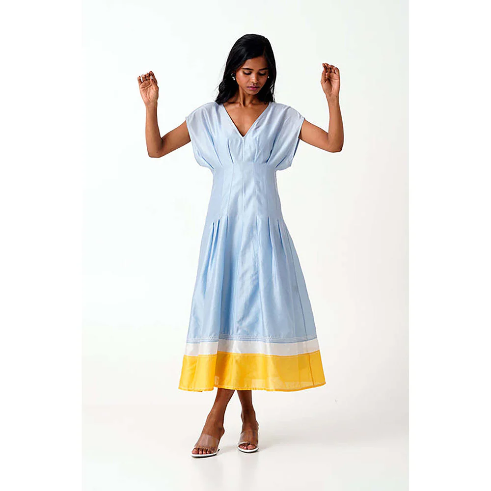 MADDER MUCH Blue Cotton V-Neck Solid/Plain Midi Dress