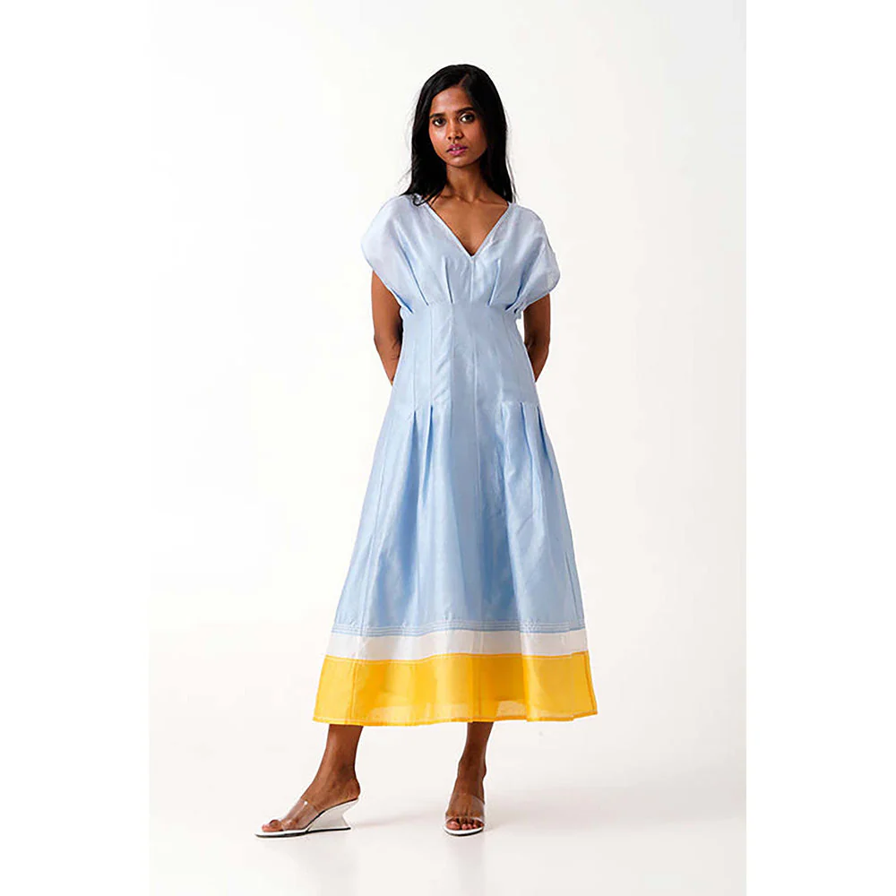 MADDER MUCH Blue Cotton V-Neck Solid/Plain Midi Dress - Image 2